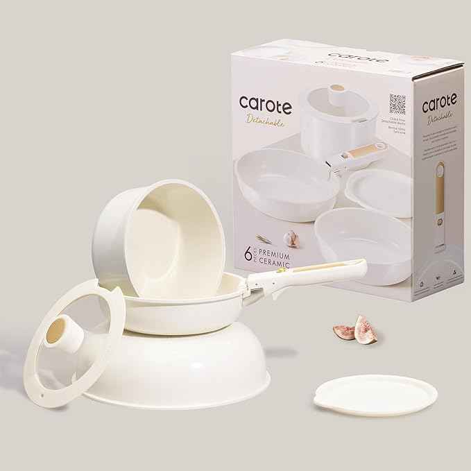 CAROTE 6pcs Pots and Pans Set Non Stick, Cookware Sets, Kitchen Set, Oven/Fridge Safe, Space Saving Pots Set, Nonstick Cooking Set with Versatile Detachable Handle, Induction RV Set