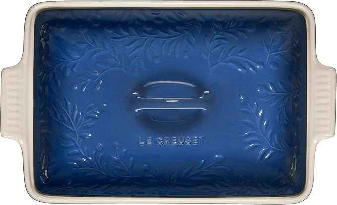 Le Creuset Olive Branch Collection Stoneware Heritage Covered Rectangular Casserole, 4 qt., Marseille with Embossed Lid