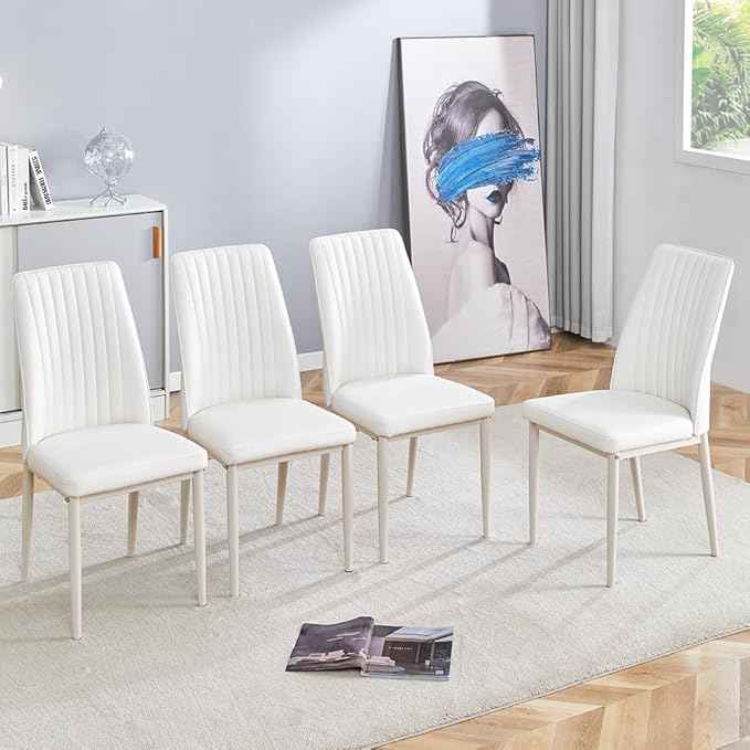 Modern Dining Chairs Set - 4 PU Leather Armless Chairs with Metal Legs for Dinner Room, Office, Waiting Room (Set of 4, All-White)