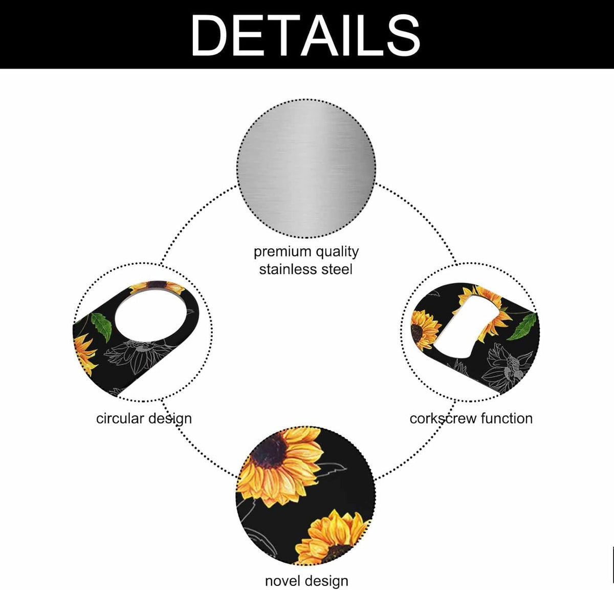 Sunflowers Stainless Steel Bottle Opener Vibrant Yellow Watercolor Flower Vintage Style Floral Black Flat Beer Bottle Opener Keychain for Home Kitchen Bar Restaurant Party Birthday Gift