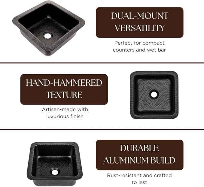 Monarch Abode Kitchen & Bar Sink – 12-inch Glasgow Dual Mount Drop in Bar Prep Sink, Hand Hammered Matte Black Aluminum Sinks, Drop in or Undermount Kitchen Sinks, Decorative Single Dual Mount Bowl