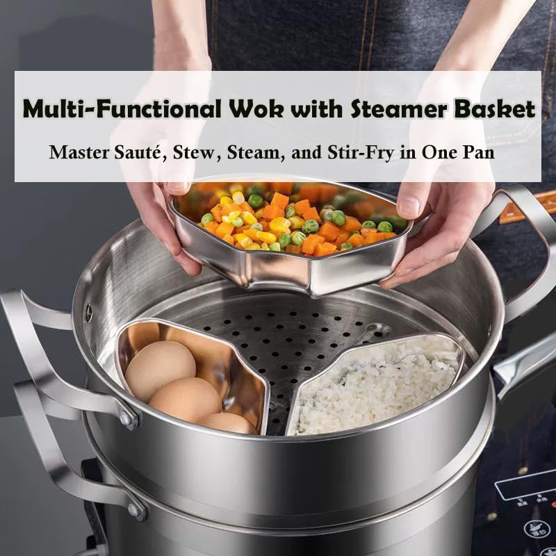 14 Inch Hybrid Stainless Steel Wok with Lid & Steamer Basket (Stainless Steel / 14Inch with Lid & Steamer Basket)