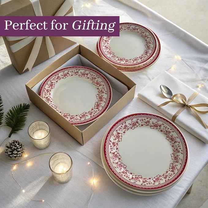 TUDOR Royal Collection 12-Piece Round Porcelain Dinnerware Set, Service for 4 with Dinner Plates, Bowls, and Salad Plates, Aster Pink Red Floral Design, High Gloss Finish, Durable & Premium Quality