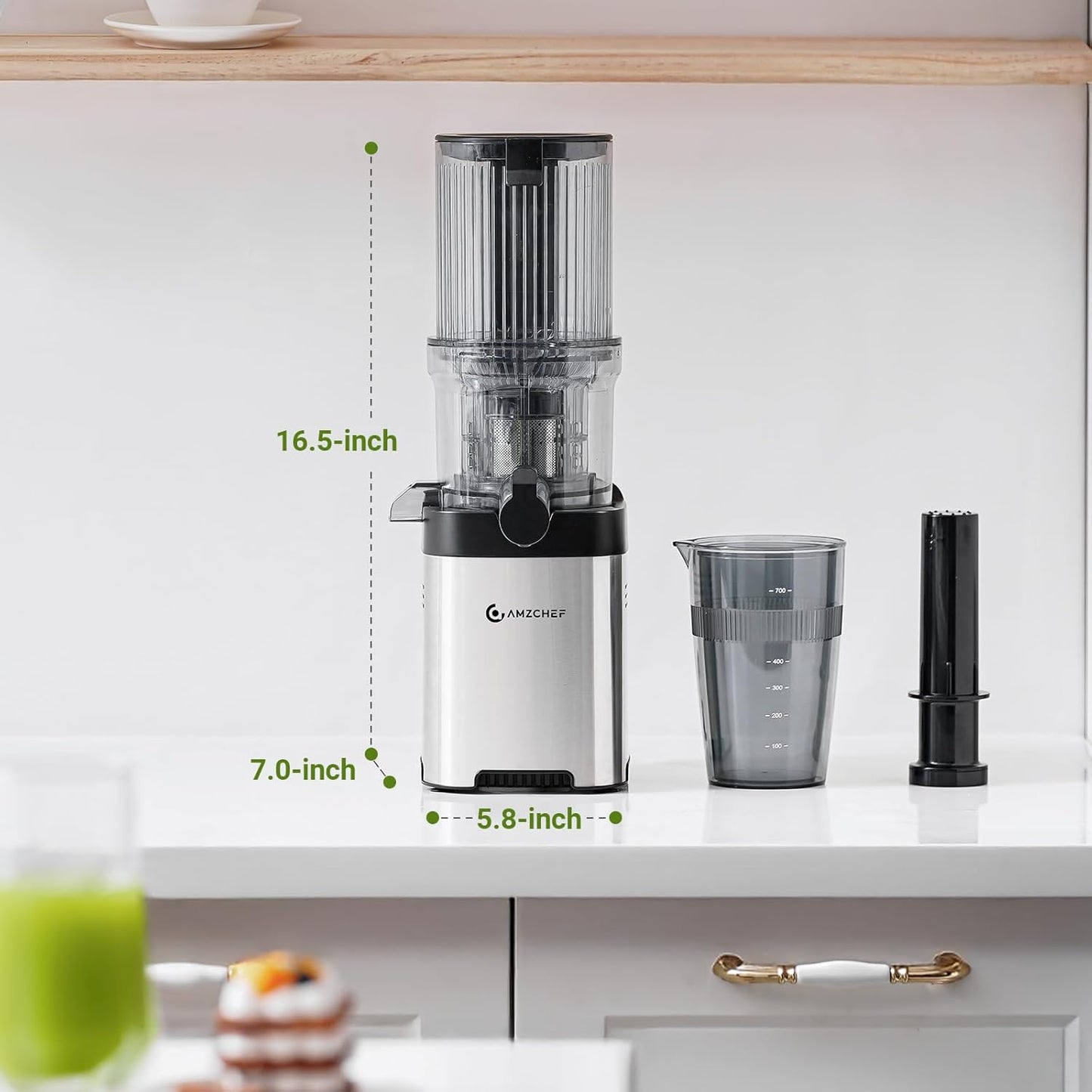 AMZCHEF Cold Press Juicer, Juicer Machines - 4.6" Large Feed Chute for Whole Fruits & Vegetables, Stainless Steel Slow Masticating Juicer Easy to Clean, Large Auger, Double Strainers, Silver