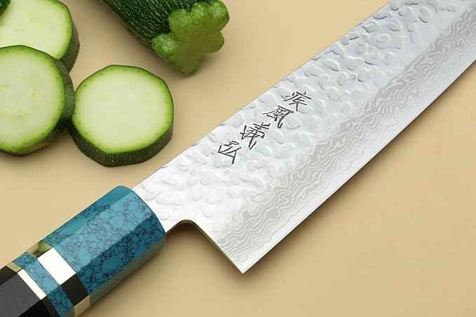 Yoshihiro VG-10 46 Layers Hammered Damascus Gyuto Japanese Chefs Knife Octagonal Turquoise Blue Handle 8.25" (210mm)