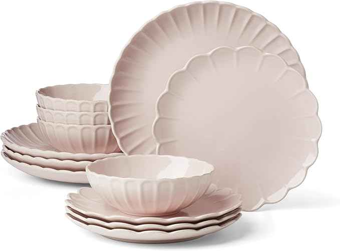 Lenox Dinnerware Set, French Perle Scallop Blush 12-Piece Set, Service For 4, Stoneware, Dishwasher Safe, Microwave Safe, Plates and Bowls sets, Dish Set, Plate Set, Home And Kitchen (Pink, 12 Piece)