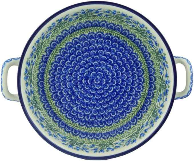 Polmedia Polish Pottery Round Baker with Handles 10-inch - Feathery Bluebells Pattern Handmade in Boleslawiec Poland by Ceramika Artystyczna + Certificate of Authenticity