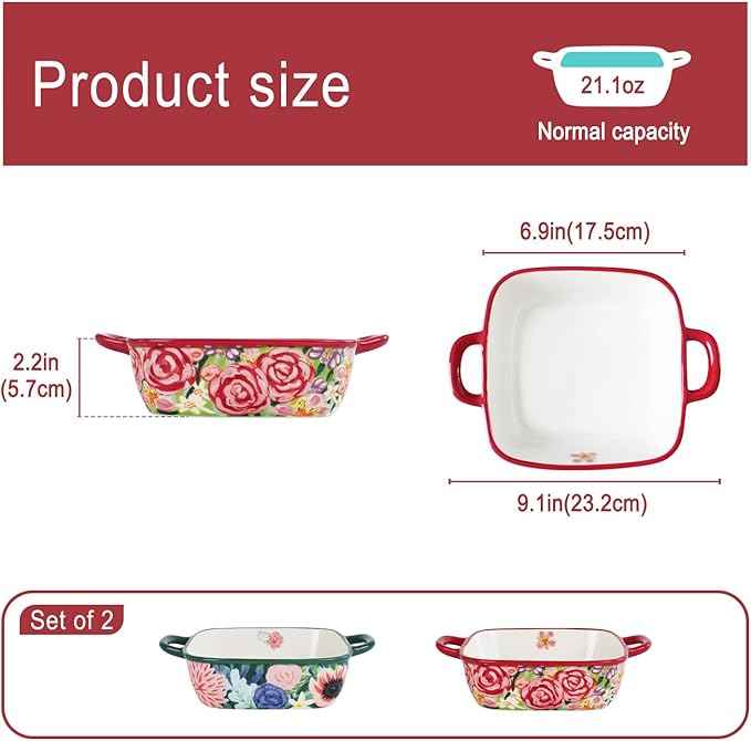 Two-piece square ceramic baking pan set: Hand-painted floral ceramic baking pans with double handles, suitable for baking, cooking, kitchens, restaurants, etc.(Combination 2)