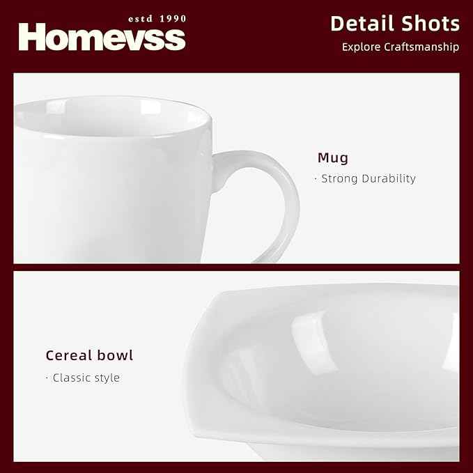 HomeVss, New Bone China Dinnerware Set, Rim Square Shape, 16pc Set
