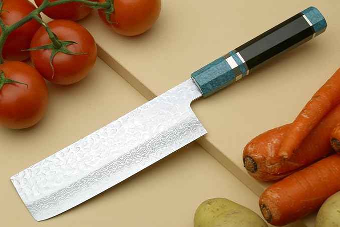 Yoshihiro VG-10 46 Layers Hammered Damascus Nakiri Japanese Vegetable Knife Octagonal Turquoise Blue Handle (6.5'' (165mm))
