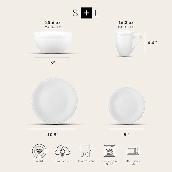 Stone lain Bone China Pinpoint Embossed 32 Piece Dinnerware Set, White
