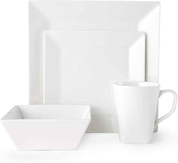 Mikasa Square Delray 16-Piece Bone China Dinnerware Set, Service for 4, White