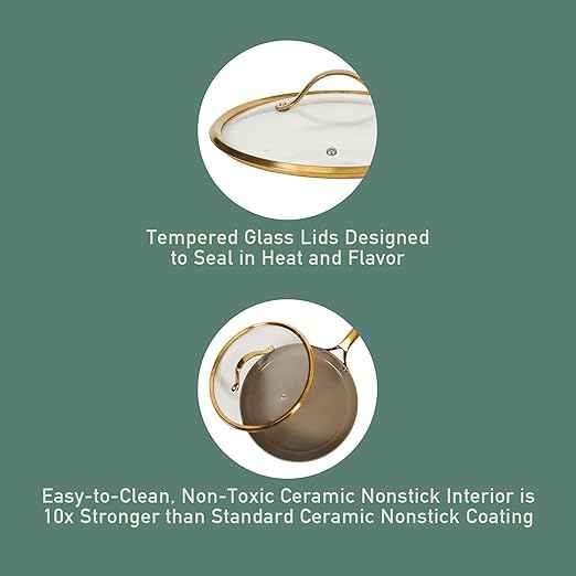 Bloomhouse - Two Time Oprah's Favorite Things Winner - 10 Inch Heavy Duty Aluminum Premium PFA Free Ceramic Nonstick Saute/Deep Frying Pan Skillet with Lid - Cappuccino Cream with Gold Handle