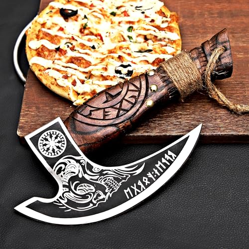 Pizza Cutter Axe Rocker Carbon Steel Slicer Chef Pizza Cutter Viking Axe with Leather Cover (Royal Skull)