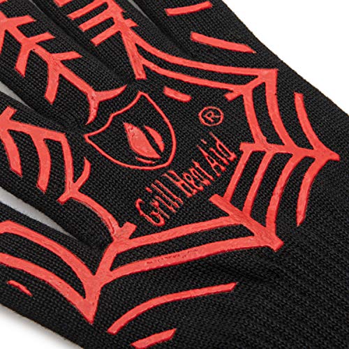 Grill Gloves Heat Proof for Men Grilling BBQ Heat Resistant Gloves (Black & Red / Mid Cuff - Medium Palm)