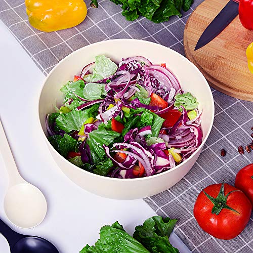 10” Bamboo Fiber Large Salad Serving Bowl Set with Wooden Lid & Servers (9.84 inch / Matte White)