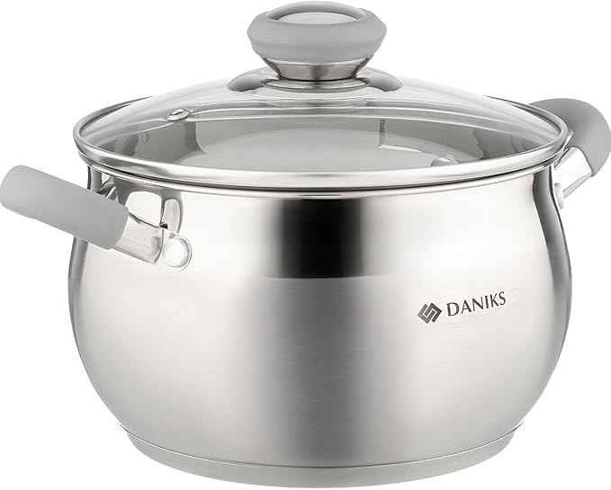 Daniks Modern 3 Quart Stainless Steel Stock Pot with Glass Lid, Tri-Ply Bottom for Even Heating, Induction Compatible, Dishwasher Safe, Heatproof Handles