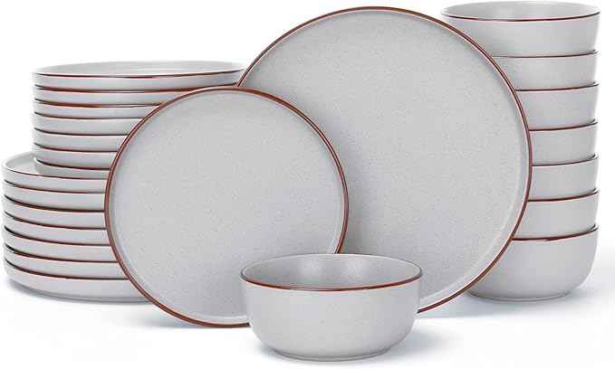 Famiware Mercury 24 Pieces Dinnerware Sets, Plates and Bowls Sets for 8, Microwave and Dishwasher Safe Dish Set, Light Grey