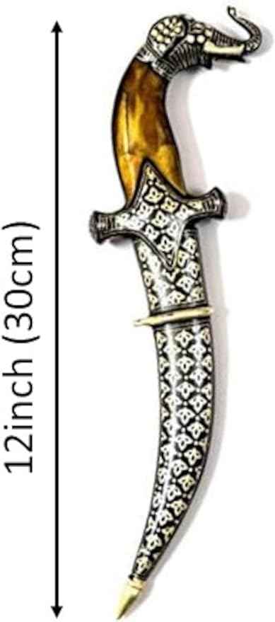 Purpledip Decorative Mini-Sword for Ceremonial Or Ornamental Use: Antique Elephant Design with Camelbone Hilt, Damascus Steel Blade, Silver Inlay Scabbard, 12 inches (A20014)