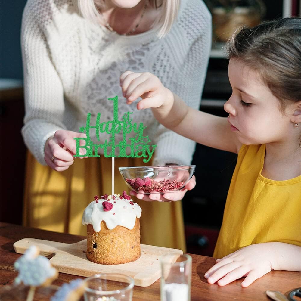 Glittery 1st Happy Birthday Cake Topper with Star,Personalised 1 Birthday Cake Toppers Party Decorations Party Supplies for Baby Boys Girls Green Gold