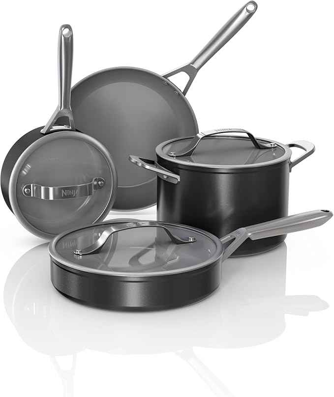 Ninja Ceramic Pro 7-Piece Cookware Set, Non-Stick Pots & Pans Set with Glass Lids, Nontoxic, PTFE Free, Ceramic Coated, Oven Safe, All Stovetops & Induction Compatible, Black, CW39007BK