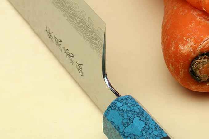 Yoshihiro VG-10 46 Layers Hammered Damascus Nakiri Japanese Vegetable Knife Octagonal Turquoise Blue Handle (6.5'' (165mm))