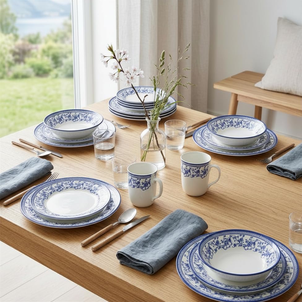 24 Piece Porcelain Dinnerware Set for 6 (Aster Blue / 24)
