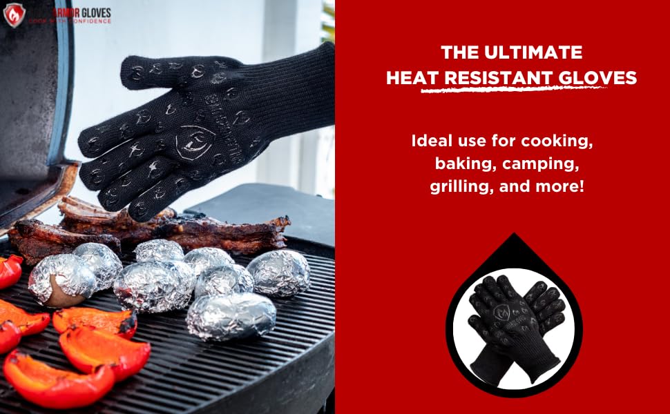 Grill Armor Oven Gloves with Fingers (X-Large Long Cuff / Black)