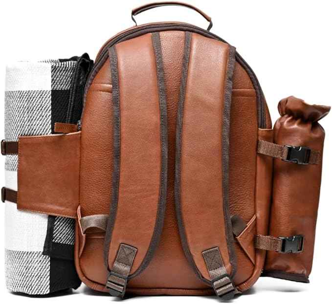 Premium Collection Genuine Leather Picnic Backpack for 4 with Insulated Compartment, Blanket, Stainless Steel Cutlery, Plates, Glasses, Luxury Gift for Men & Women, Outdoor Dining, Brown