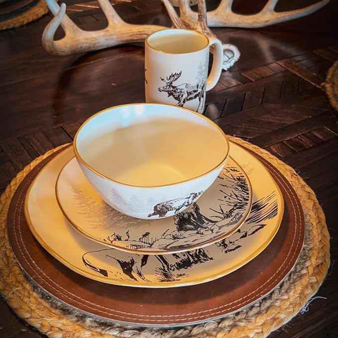 Paseo Road White Pine 16 Piece Ceramic Dinnerware Set, Pine Tree Bear Deer Moose Fox Print, Modern Rustic Cabin Lodge Dish Set with Plates, Bowls, Mugs