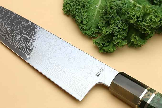 Yoshihiro Damascus SG2 (R2) Semi-Stainless Gyuto Chefs Knife (10.5'' (270mm), Stabilized Maple Burl Handle & Triple Ring)