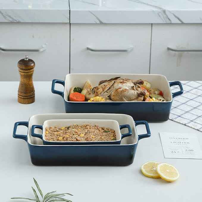 KOOV Bakeware Set, Ceramic Baking Dish, Rectangular Baking Pans Set, Casserole Dish for Cooking, Cake Dinner, Kitchen, Wrapping Upgrade, 12 x 8.5 Inches, 3-Piece (Gradient Blue)