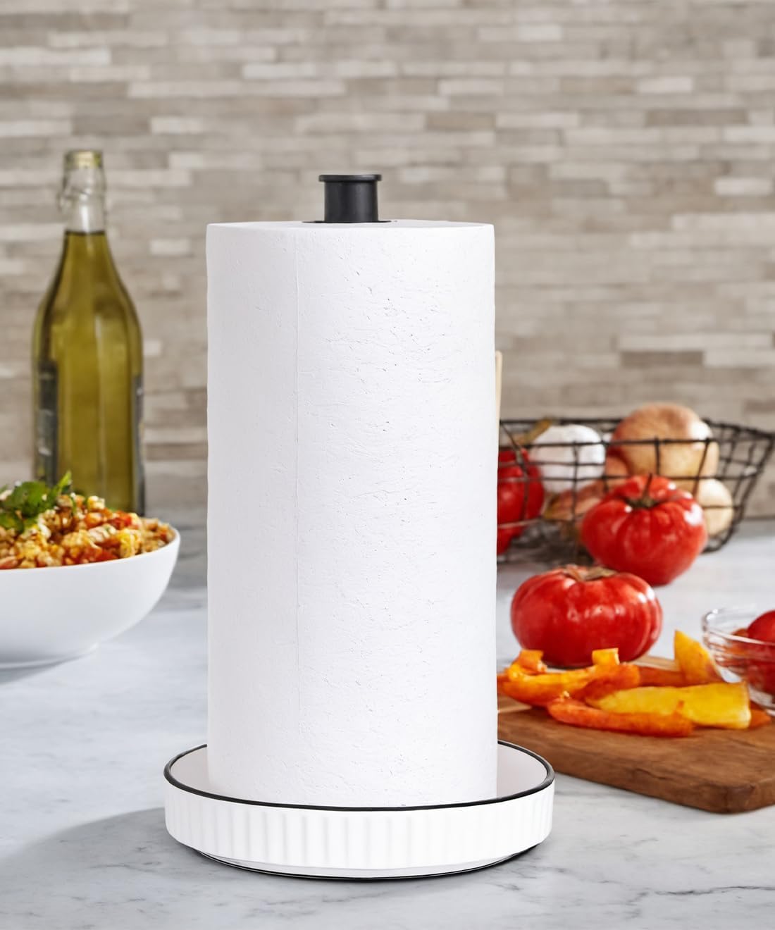 VROOMIUM Black Paper Towel Holder Countertop, Ceramic Base Easy-to-Clean, 1.4 lbs, 7" B x 12.5" H, Stable Elegant and Durable Kitchen Roll Stand