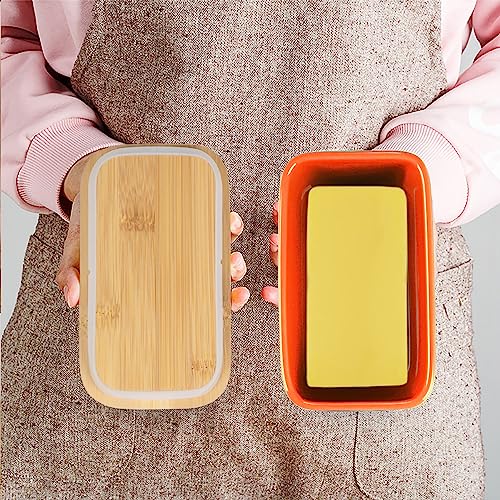 Ceramic Butter Dish with Bamboo Lid and Stainless Steel Knife Spreader