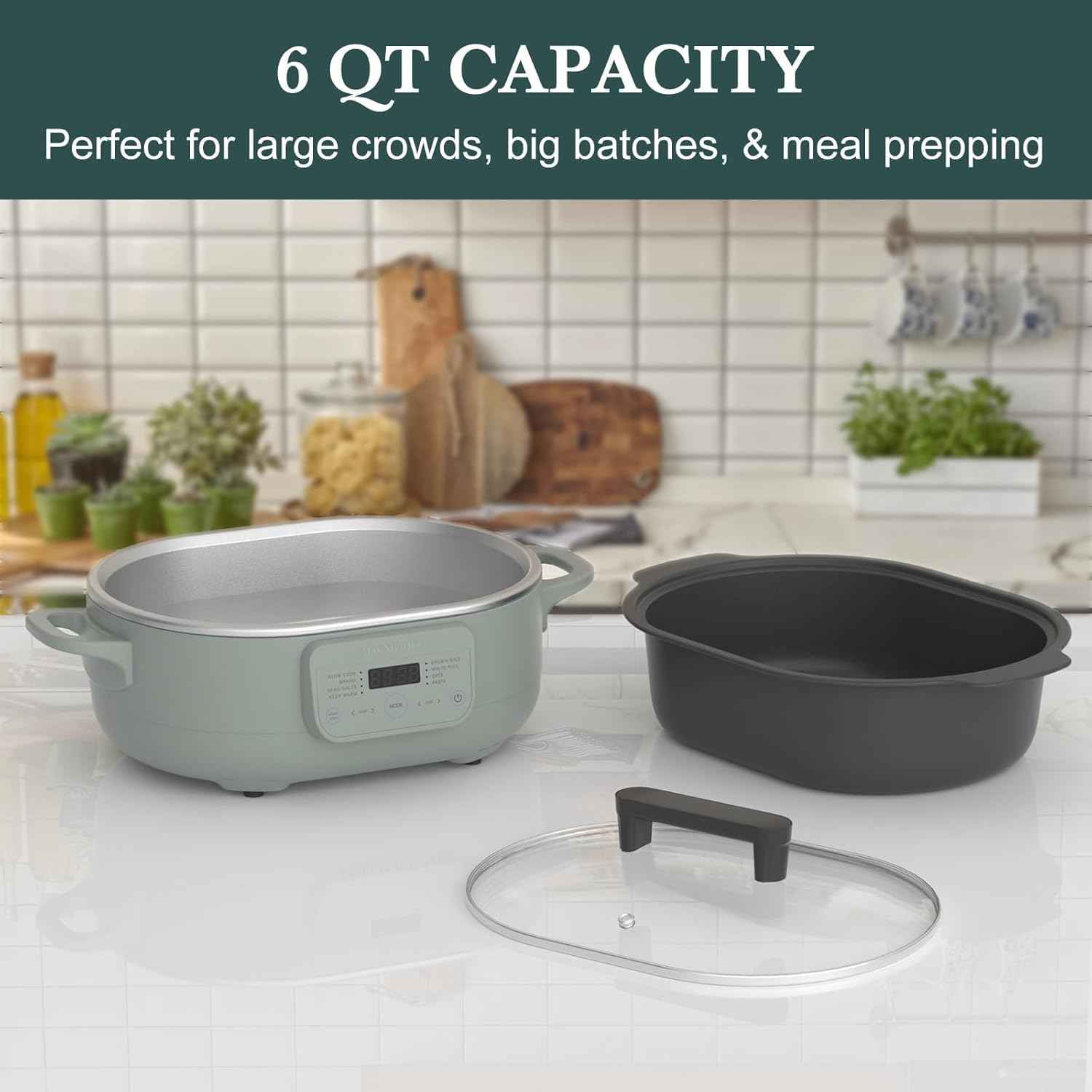 6 Quart Slow Cooker, with 8-in-1 Multi-Cooker, Casserole Programmable crock pot, Dutch Oven, Pasta, Nonstick, Oven Safe Pot to 500°F, Olive