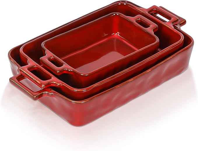 VICRAYS Ceramic Bakeware Set, Porcelain Rectangular Baking Dish, Baking Pan Lasagna Pans Casserole Dish Set for Cooking, Kitchen, Cake Dinner, Banquet, 3 PCS, 15 x 8.5 Inches (Cherry Red)