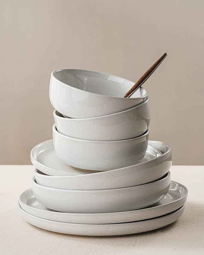 Famiware Milkyway Stoneware Dinnerware Sets with Mugs, Service for 6 (24 Pieces), Plates and Bowls Sets -Scratch Resistant, Microwave and Dishwasher Safe Dishes Set, White