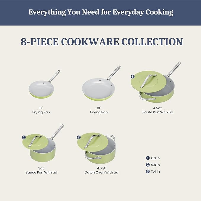 CookinCraze CookinCraze Ceramic Cookware Set, Pots and Pans Set Nonstick with Lid PFAS & PFOA Free, Induction Compatible Oven Safe Up to 500°F Even Heat Distribution, Olive Green