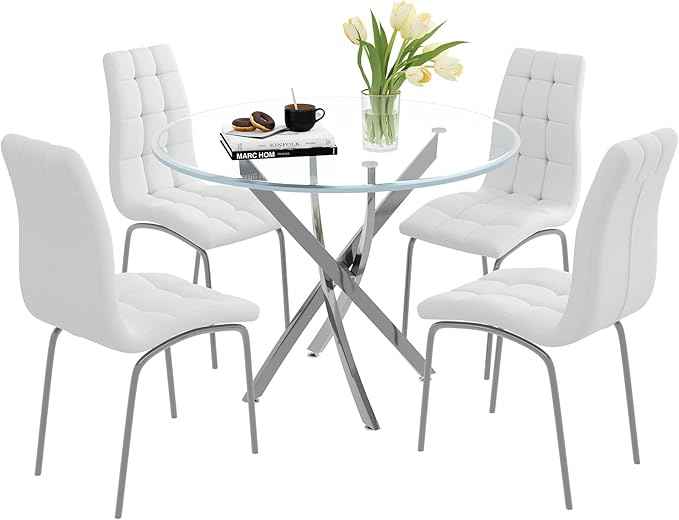 5 Piece Round Glass Dining Table Set, Round Tempered Glass Kitchen Table Set for 4, Modern Table Set with 4 High-Back Upholstered Chairs for Kitchen Dining Room (Silver Legs, 4 White Chairs)