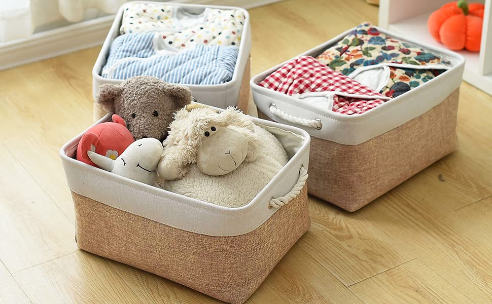 Fabric Storage Baskets (White&Khaki / Large (Pack of 3))