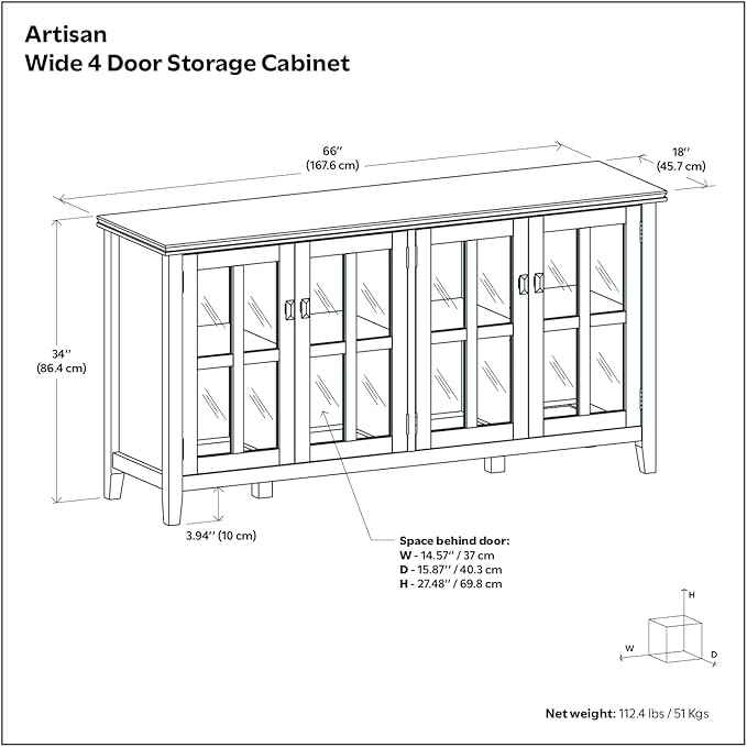 SIMPLIHOME Artisan SOLID WOOD 66 Inch Wide Contemporary Wide 4 Door Storage Cabinet in Black, For the Living Room, Entryway and Family Room