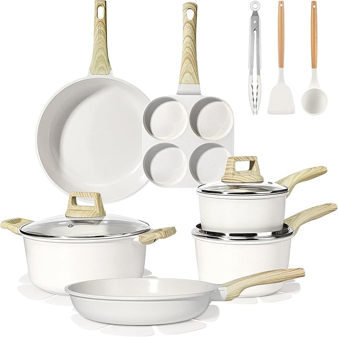 GiPP Ceramic Pots and Pans Set Non Stick - 17 Pcs Nonstick Cookware Set, Non-toxic Healthy Kitchen Cooking Set/Frying Pans Set, Dishwasher Safe, PFAS PTFE PFOA PFOS Free, Cream White