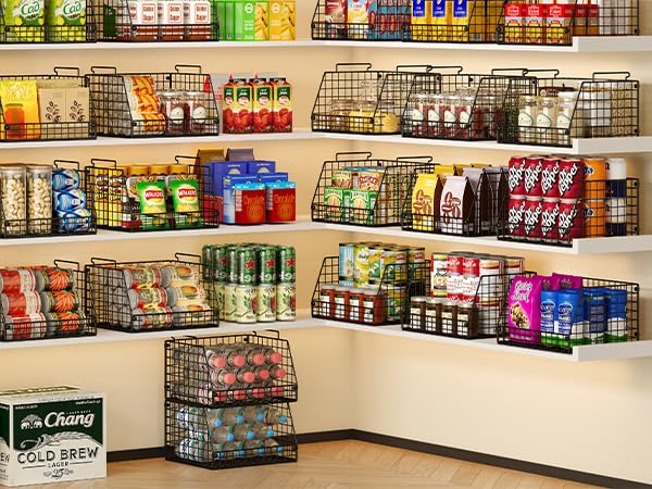 6 Pack Stackable Wire Baskets for Pantry (6 Pack—Wide 15.4"W x11.8"D)