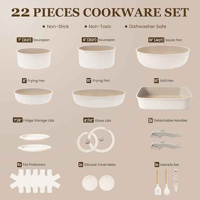 KIKCOIN Nonstick Pots and Pans Set, 22 Pack Ceramic Cookware Set with Detachable Handle, Induction RV Kitchen Cooking Set with Removable Handle, Frying Pans - Dishwasher/Oven Safe, PFOA Free