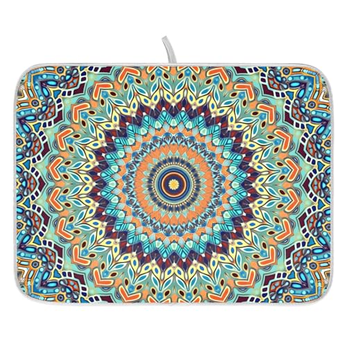 Bohemian Mandala Dish Drying Mat for Kitchen Counter Absorbent Microfiber Small Boho Ethnic Drying Pad Dish Mats for Kitchen Countertops 16 x 18 Inch (18" x 16")