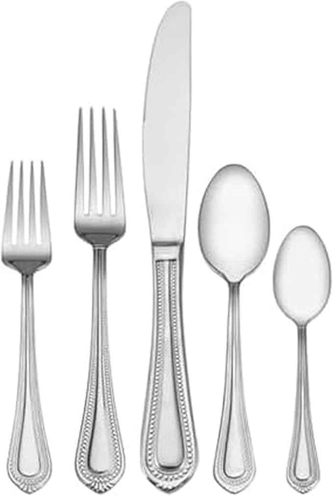 Mikasa Regent Bead 65-Piece Silverware Set, 18/10 Stainless Steel Flatware Service for 12, Includes 5 Serving Tools, Dishwasher Safe Polished Cutlery