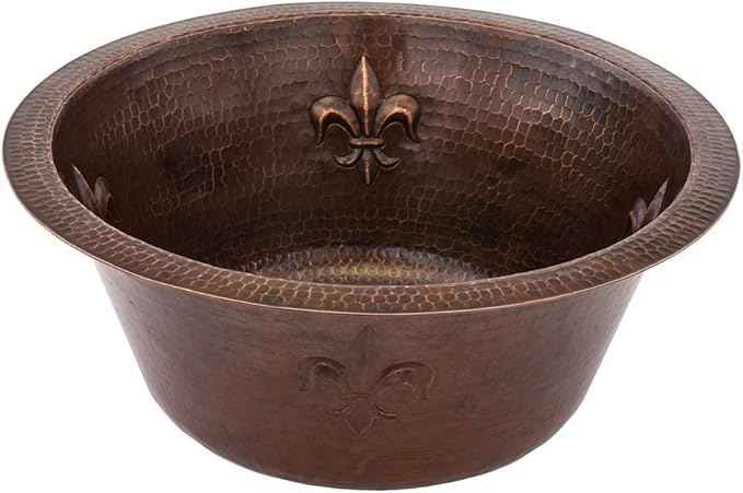 Premier Copper Products BR16FDB2 16-Inch Universal Round Copper with Fleur De Lis Bar Sink and 2-Inch Drain Size, Oil Rubbed Bronze