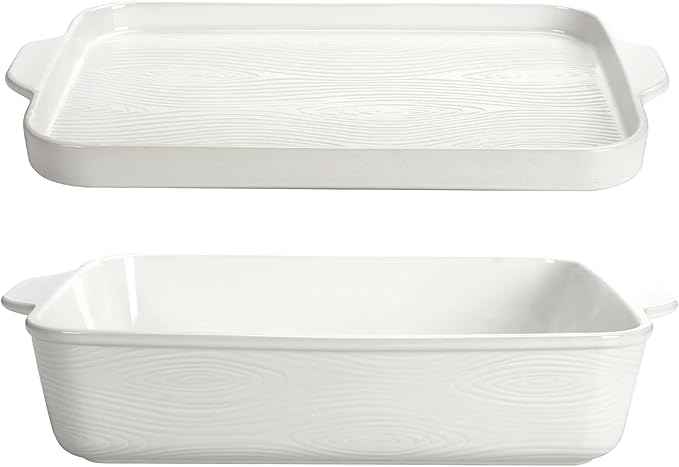 Temp-tations by Tara Baking Pans Set - 9x13" Set of 2 Woodland White Bakeware Sets with Casserole Dish for Oven and Serving Dish for Lasagna, Pies, Meatloaf, Hand-Painted Ceramic Casserole Oven Pan