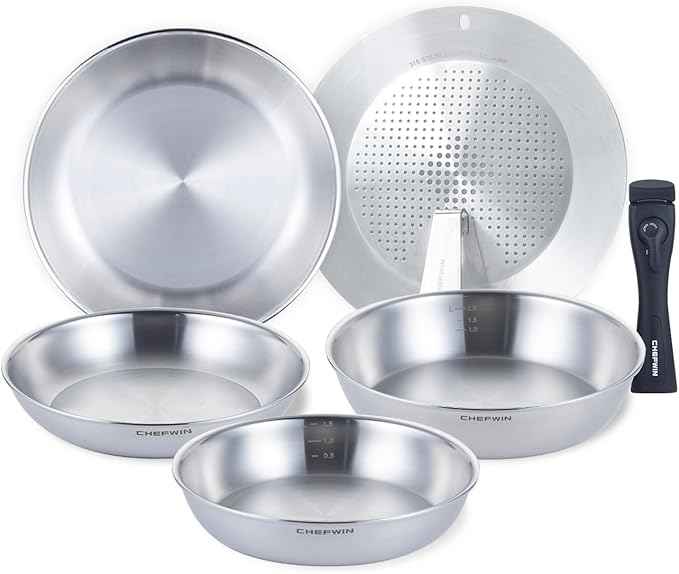 316 Stainless Steel Removable Handle Cookware, 5-Ply Stackable Cookware Set, 6-Piece Pans with Universal Lid, Induction Compatible, Oven & Dishwasher Safe