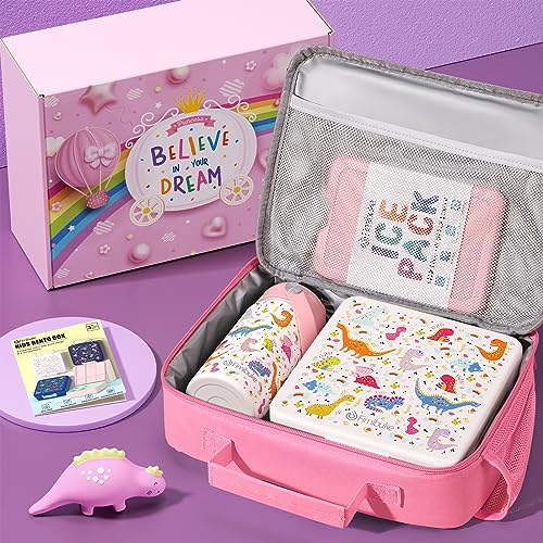 Kids Bento Lunch Box with Toddler Insulated Water Bottle Lunch Bag (A5. White Dinosaur)